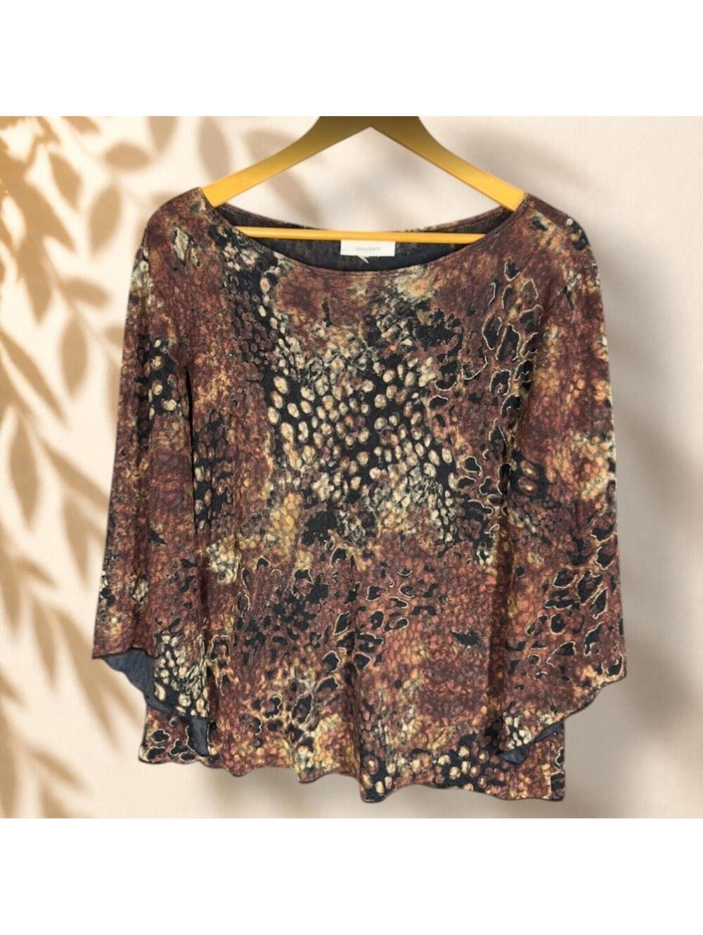 Dressbarn Blouse Women M Medium Brown Animal Print Long Sleeve Round Neck Casual